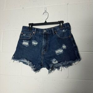 Levis 517 Distressed Denim Shorts Womens 34 High Rise Blue Cut Off Raw Hem Jean